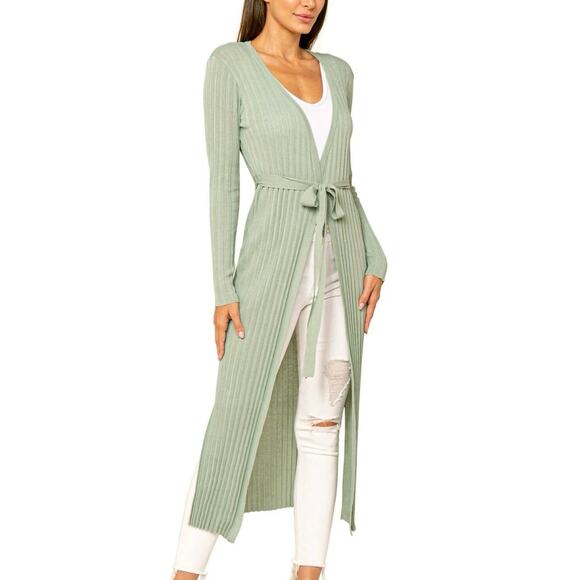 Love Token Sage Green Ribbed Accordion Long Open Front Cardigan Size M - Picture 1 of 9